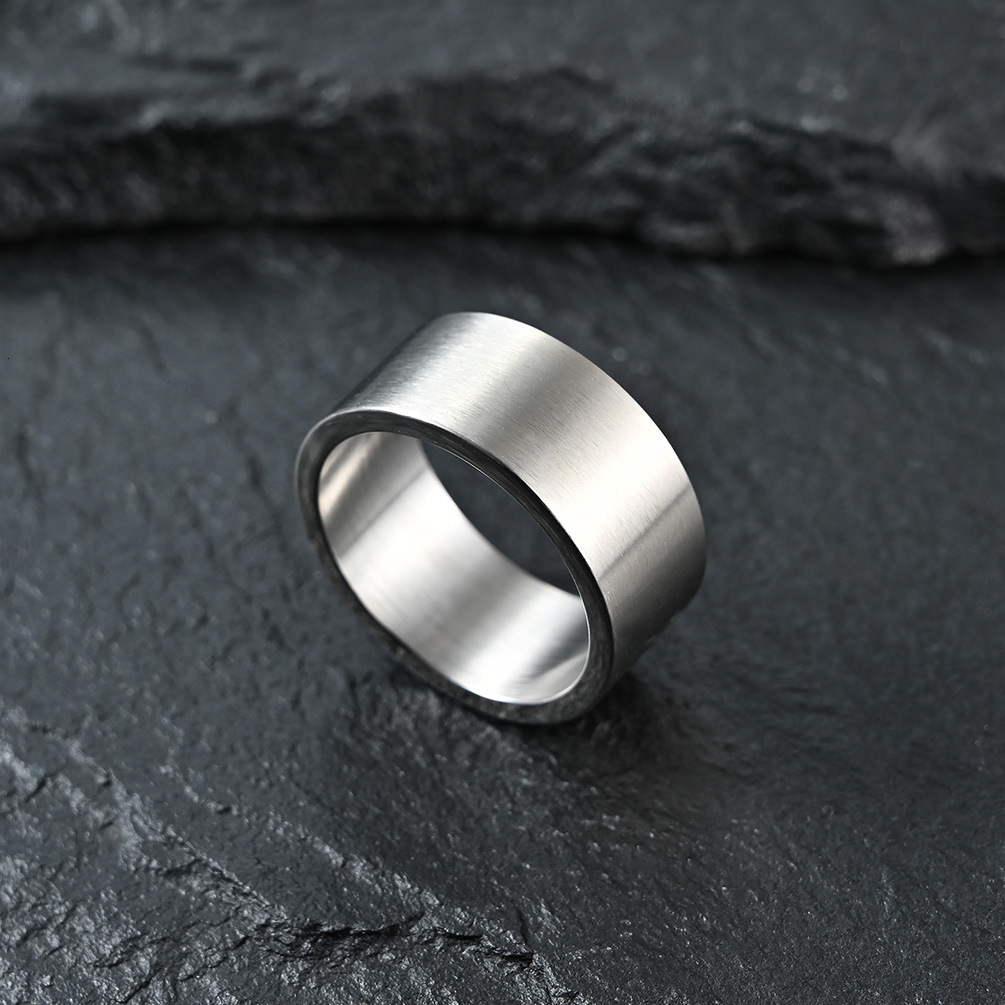 High quality 10mm Wide Simple Inner and Outer Flat Matte Brushed Titanium Steel Retro silver Men's Trendy Hip-Hop Ring Jewelry