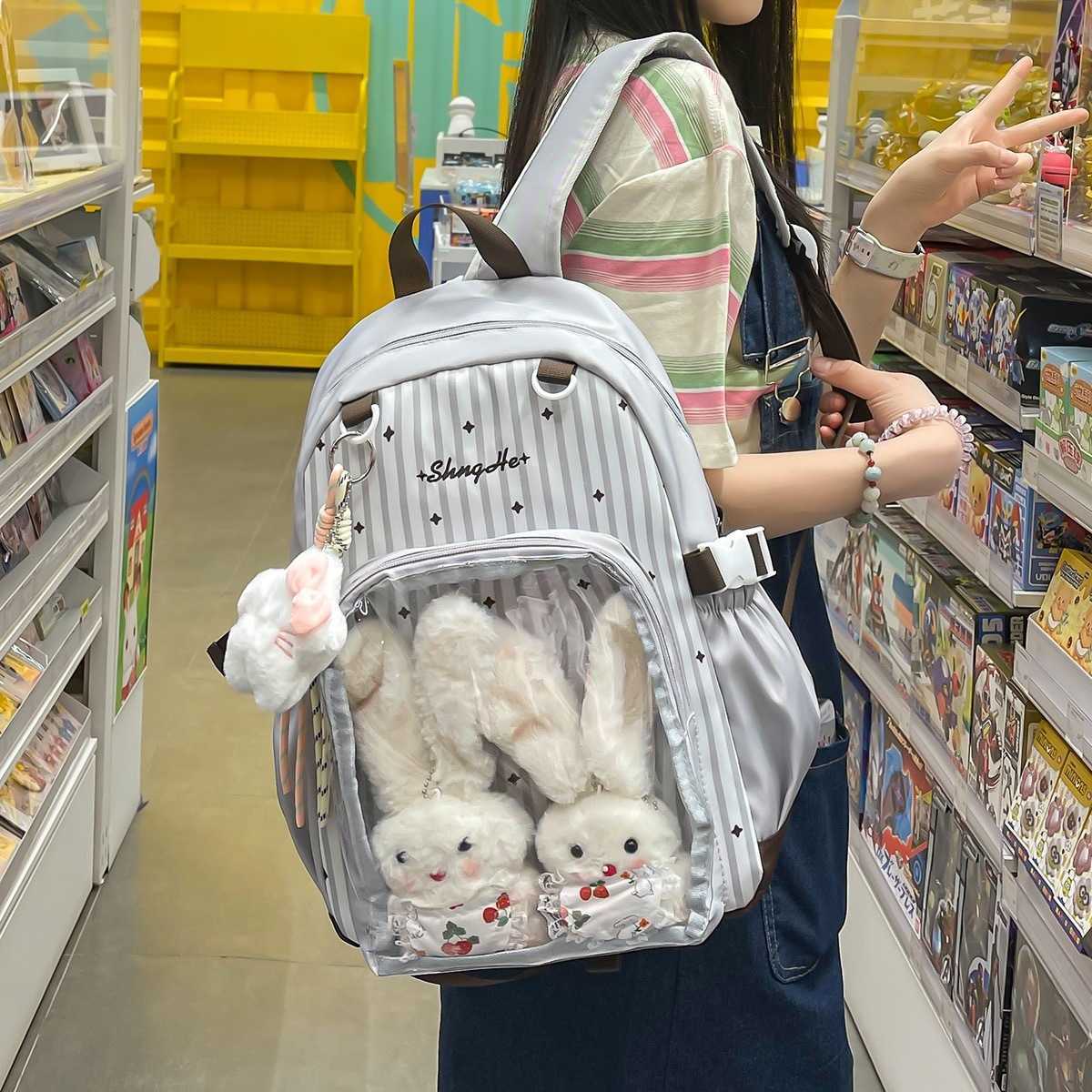 Korean-style fashion striped backpack for women large-capacity transparent bag casual student school bag L26720