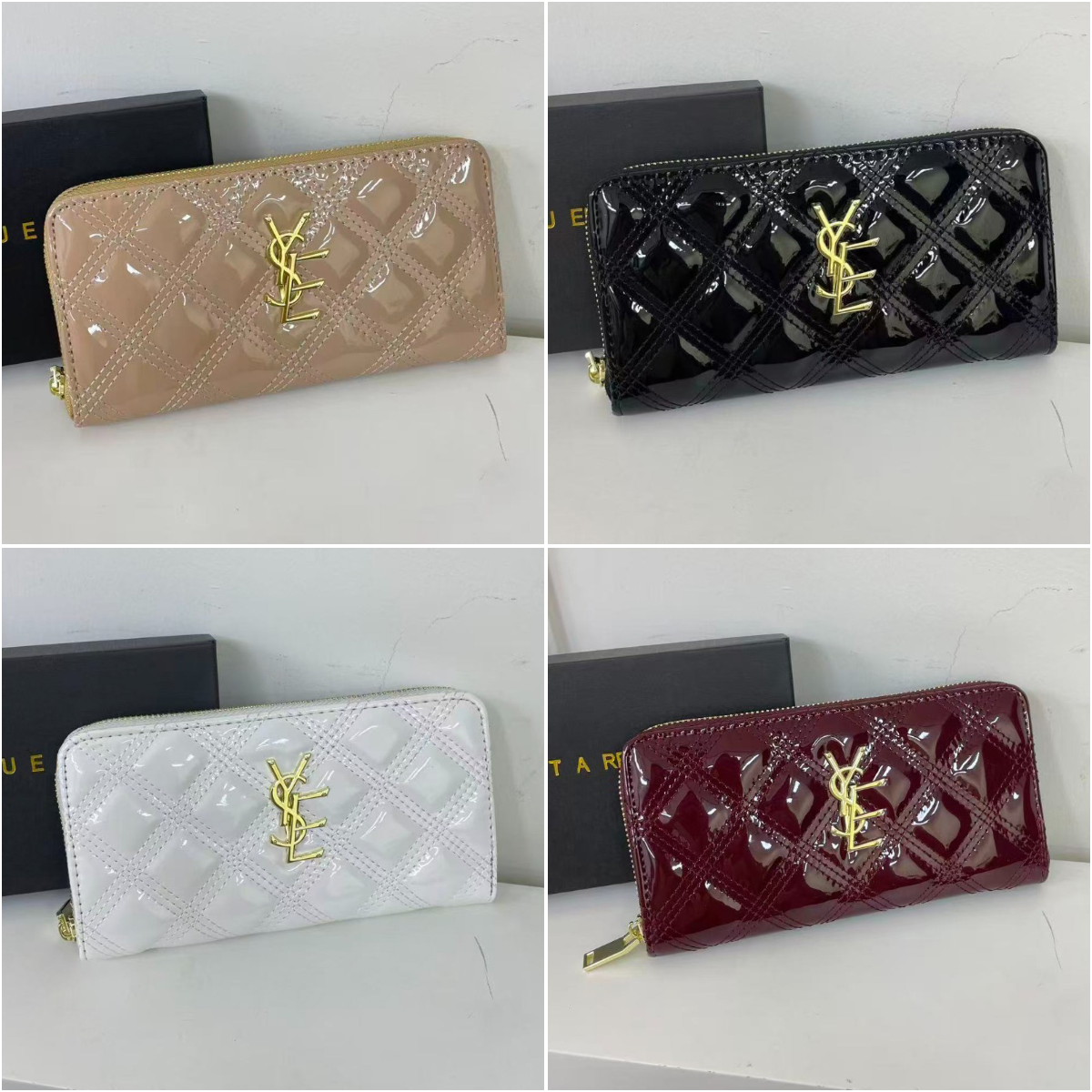 Fashionable Glossy Patent Leather Long Zipper Wallet Checkered Texture Womens Handheld Wallet Portable Multi Compartment Banknote And Card Storage B