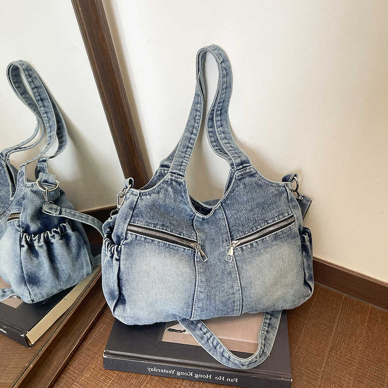 Shoulder Vintage Hobo Washed Denim Bag Women Multi Zipper Pocket Large Capacity Distressed Jeans Tote Handbag Casual Crossbody H260805