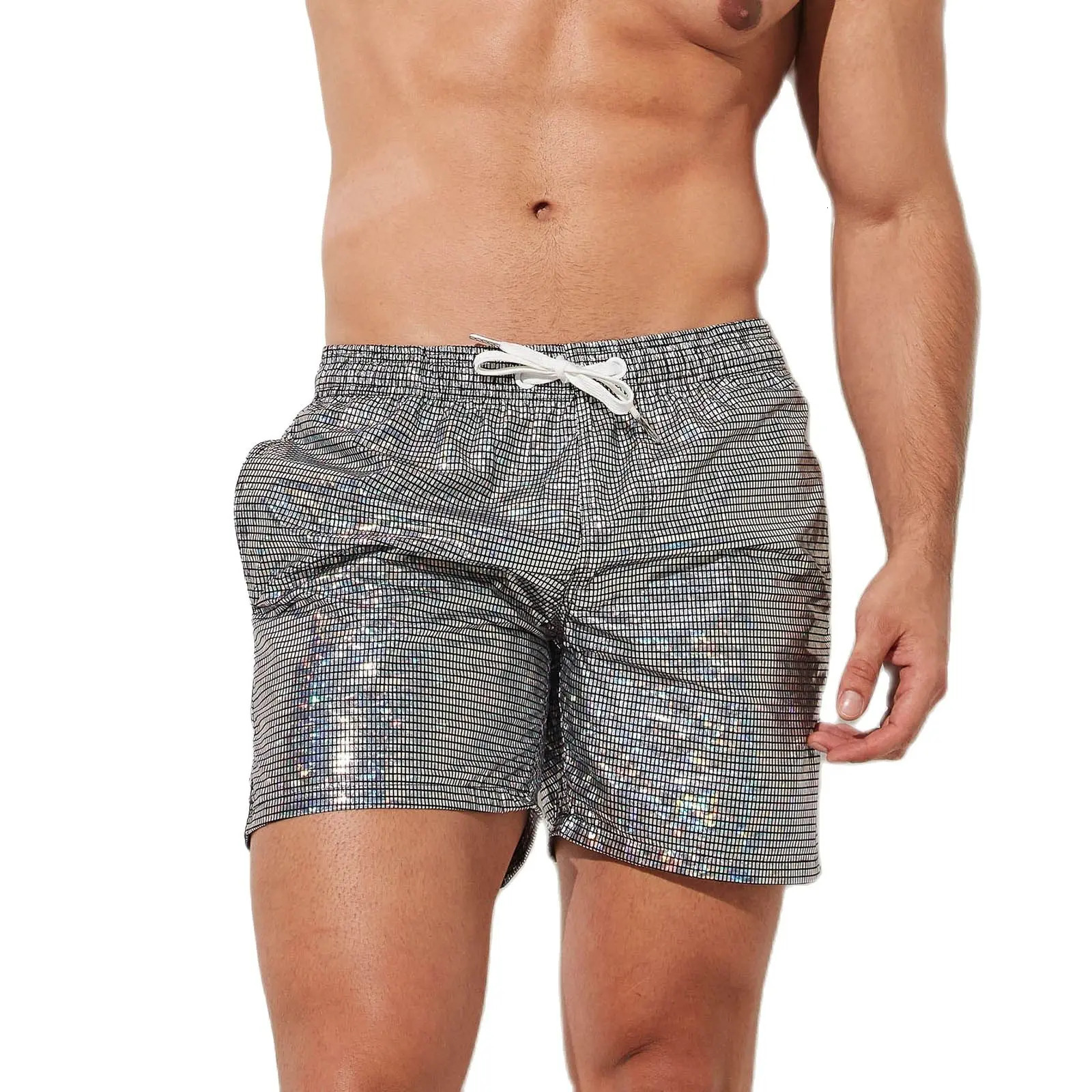 Men's Swimming Trunks Man Swimwear Beach Shorts y Faux Leather Silvery Metal Shine Swimsuit Pants With Pockets Beachwear 260805