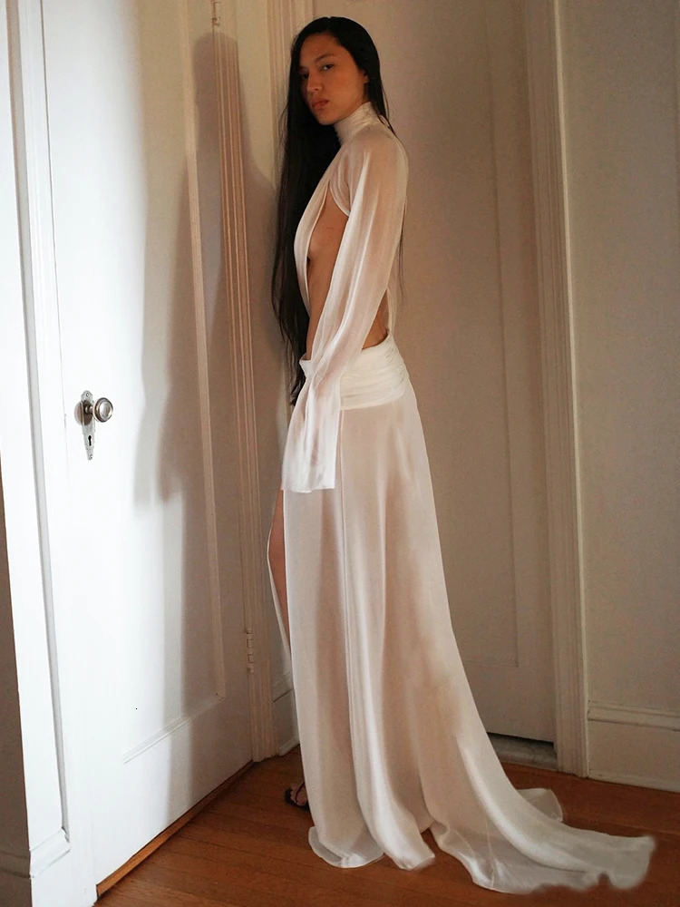 Cute See Through 2-Piece Set Women Split Sexy Turtleneck Irregular Crop TopSkirts Matching Clubwear Elegant Matching Suits 260805