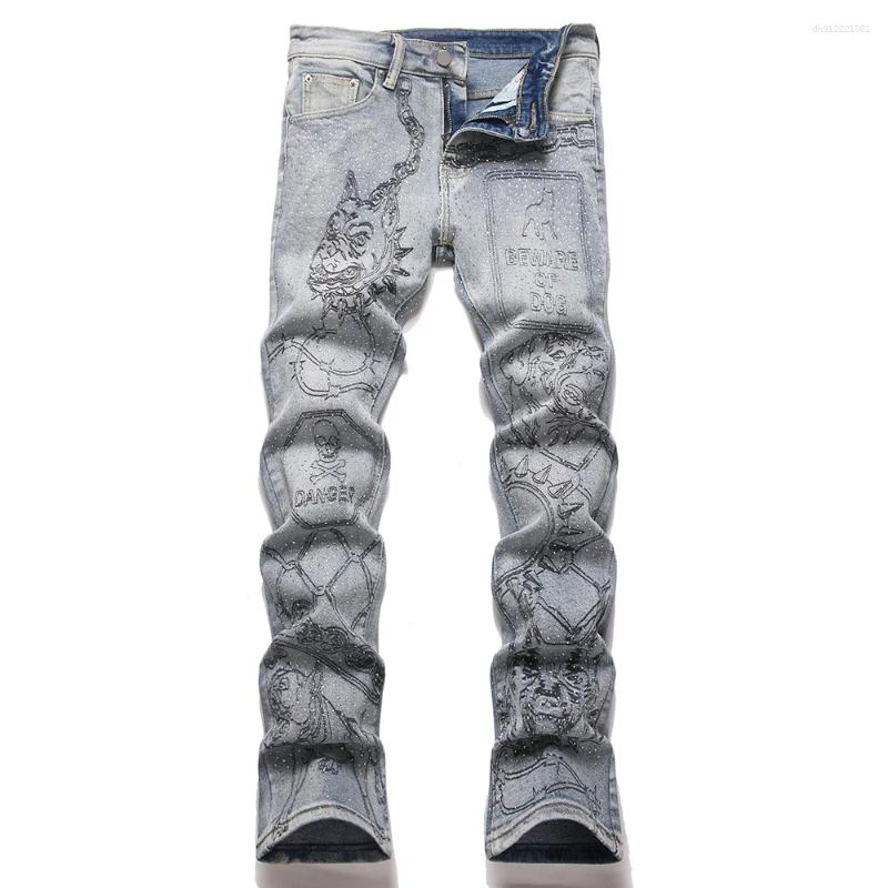 Men's Jeans Printed Denim Streetwear Dog Print Stretch Boot Cut Pants Fashion Crystal Vintage Blue Cotton Slim Flared Trousers