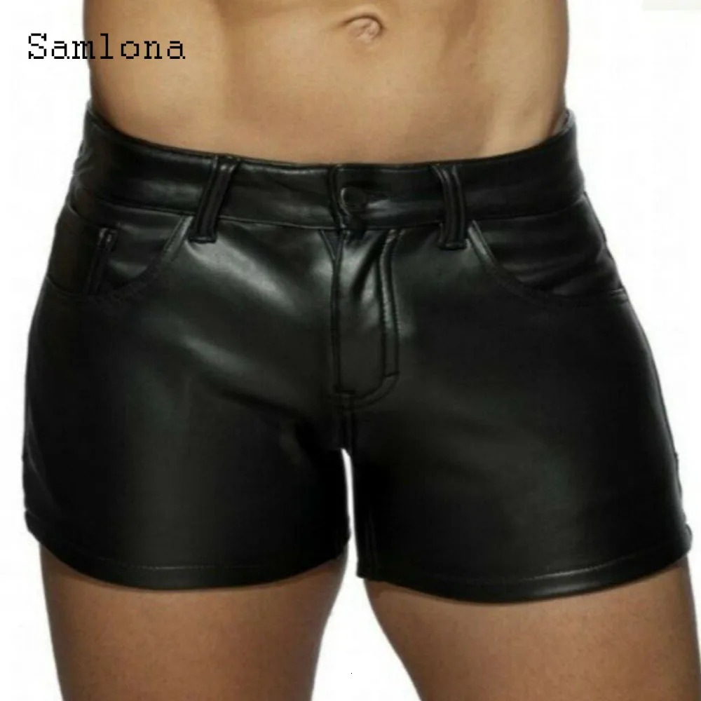 2025 European Sexy Faux Pu Leather Shorts Mens Stand Pocket Dance Club Short Pants Solid Black Soft Button Fly UltraShorts 260730