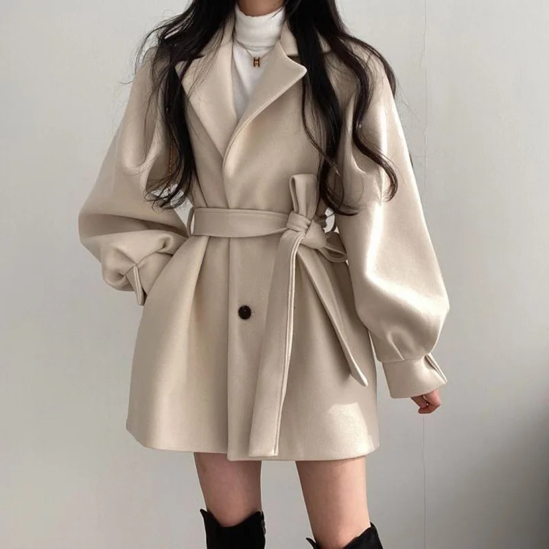 Women Wool Coat Jacket Woolen Outerwear Lantern Sleeve Single Breasted Turn Down Collar Lace Up Vintage Autumn Winter Overcoat 260803