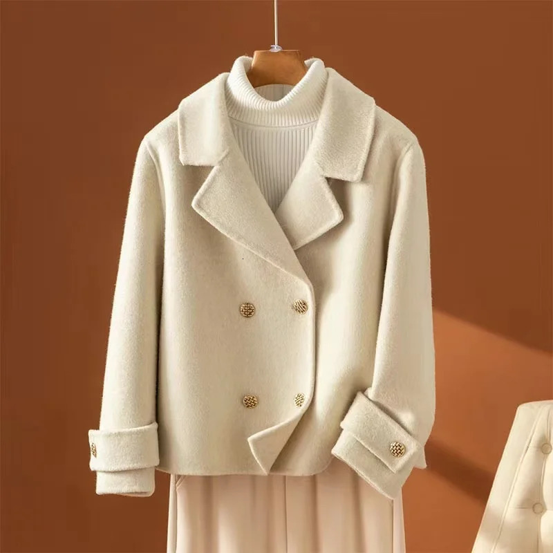 Autumn and Winter Double-Sided Woolen Women's Coat Short Long Sleeve 100% Wool Woolen Doll Collar Woolen Coat 260803