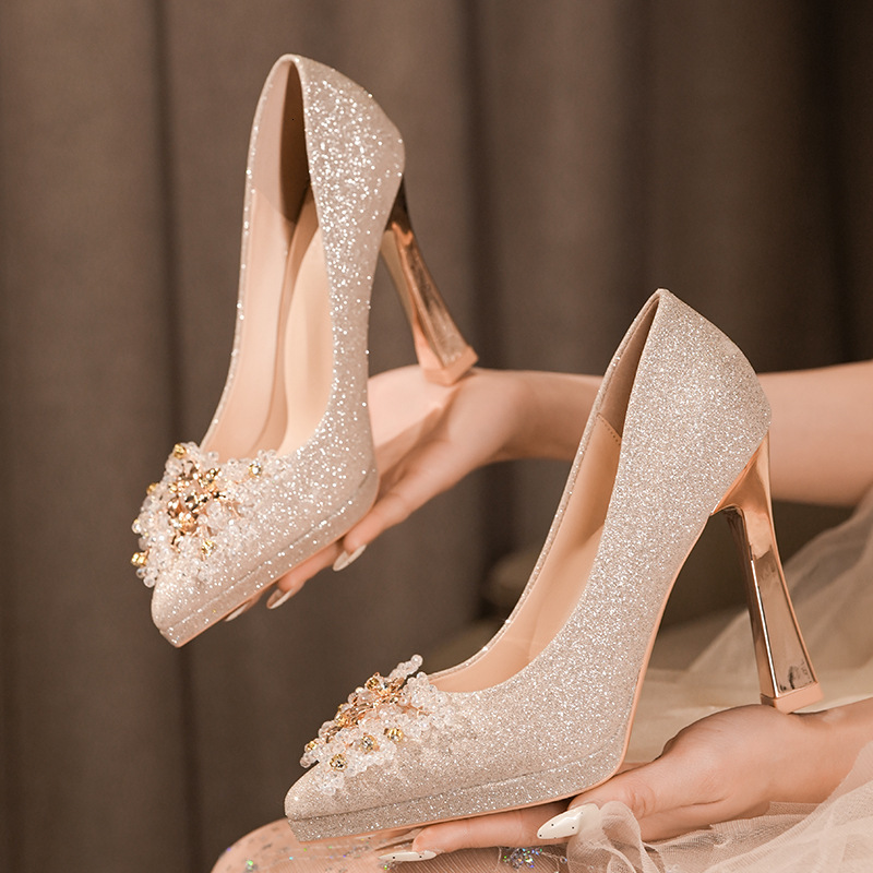 2026 Pointed Toe High Heels Luxurious and Elegant Comfortable Wedding Shoes Versatile with Rhinestones and Sequins Waterproof Platform Single Shoes