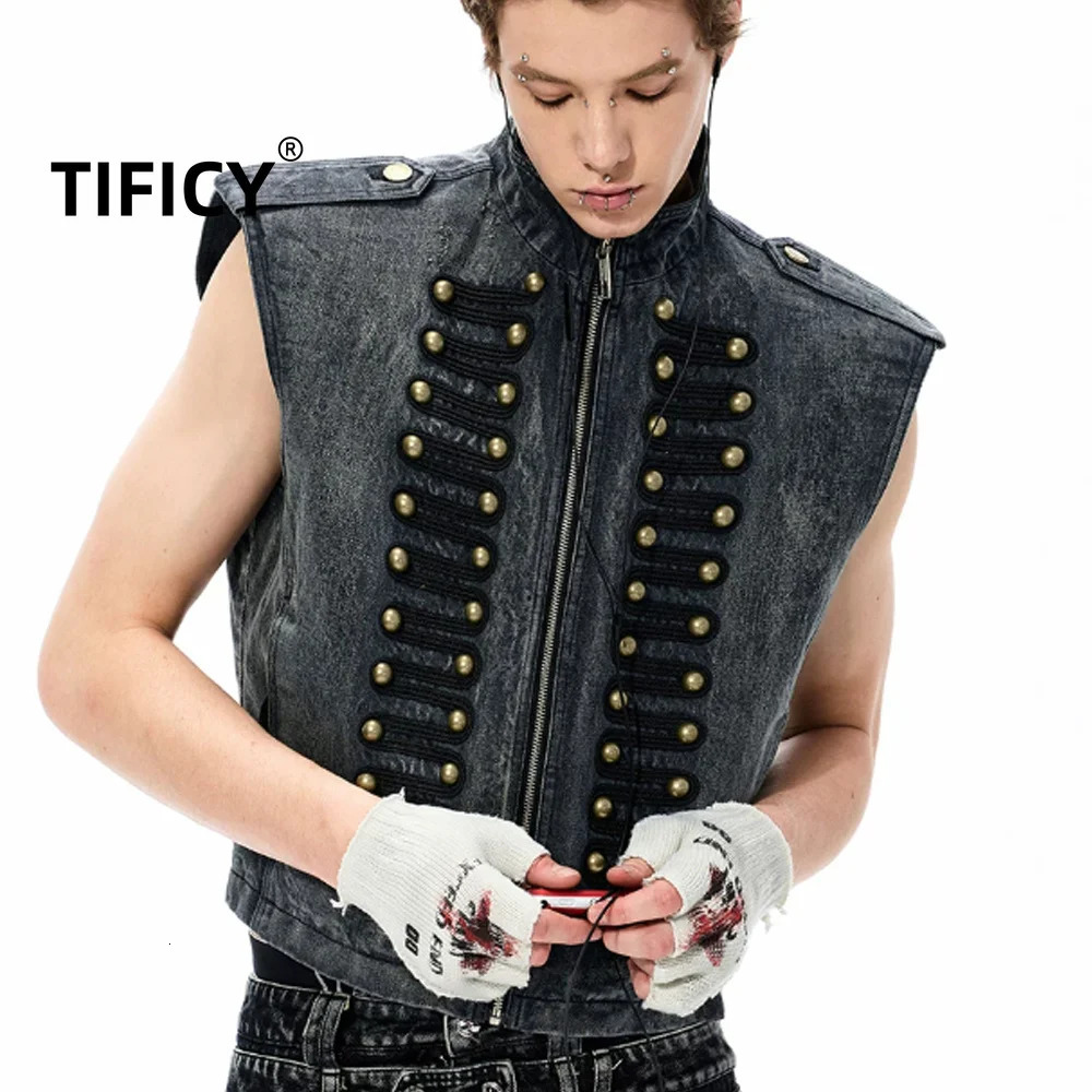 High Street Jeans Vest Jacket Men's Napoleon Denim Retro Court Style Sleeveless Camisole Casual Fashion Vest Tops 260803