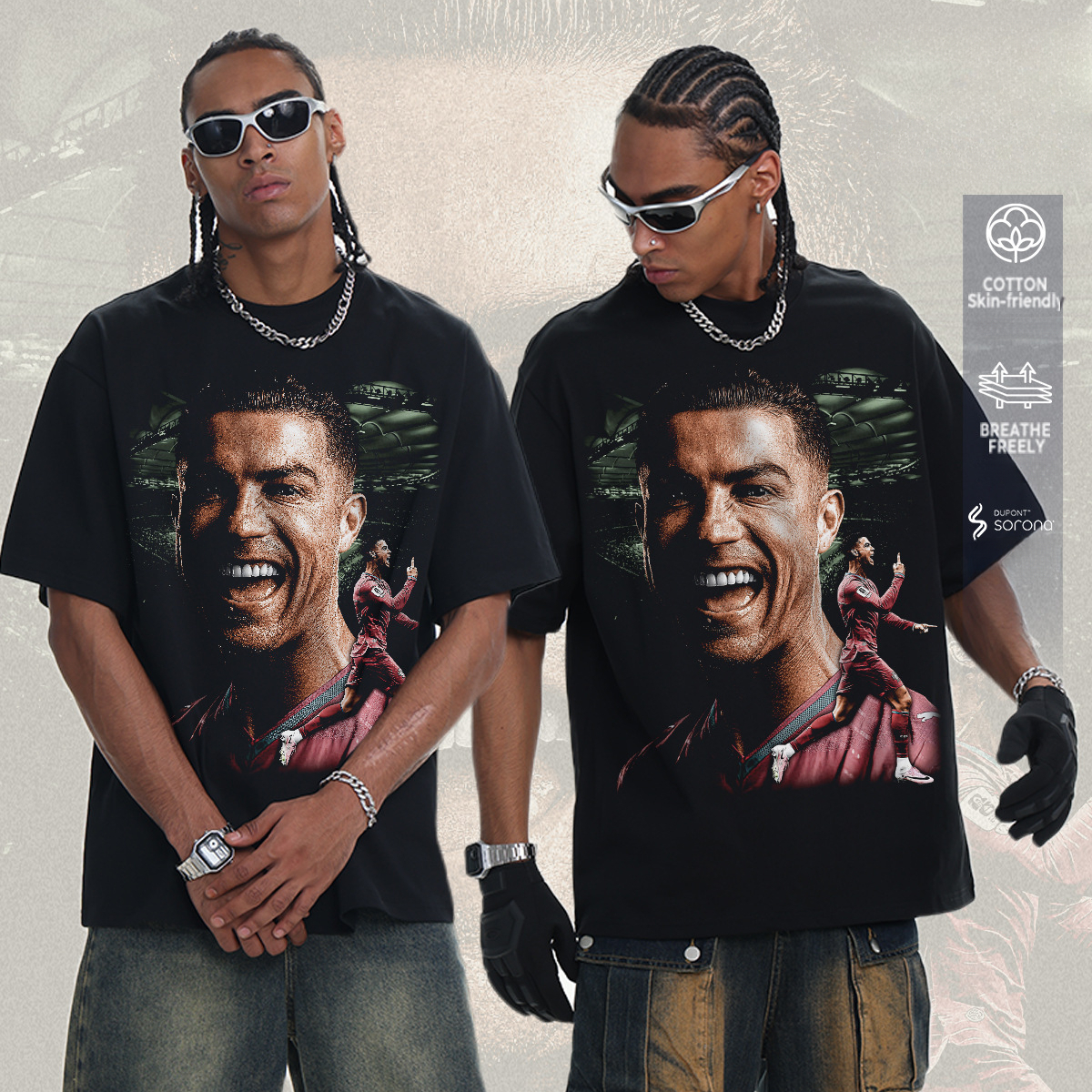 2026 washed T-Shirt Spring Summer C. Ronaldo American vintage direct-print washed snowflake heavy-duty short-sleeve men's basic versatile top