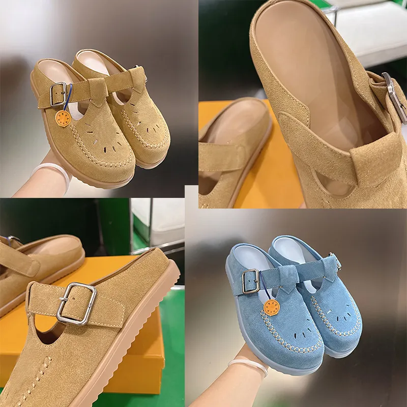 Spring Summer Boken Shoes Designer Womens Retro Plush Metal Accessories Upper Rubber outsole Half drag Flat Shoes Mens