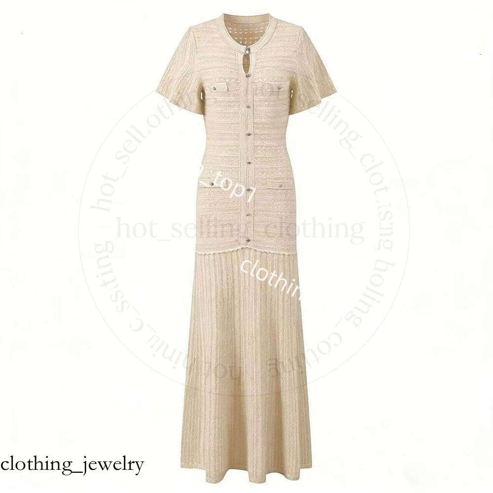 Designer Clothes Sandro Women Elegant Hollow Knit Maxi Short Sleeve O Neck Button Down A Line Long Solid Color Party Casual Knitted Dress 7a3