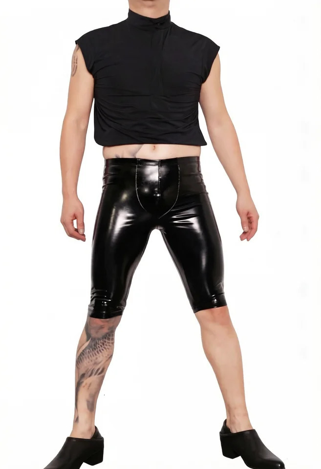 Mens Double Sided PU Leather HalfLeg Shorts Tight Sport Fitness Stretchy Stylish Pants Stage Black Shiny 260730