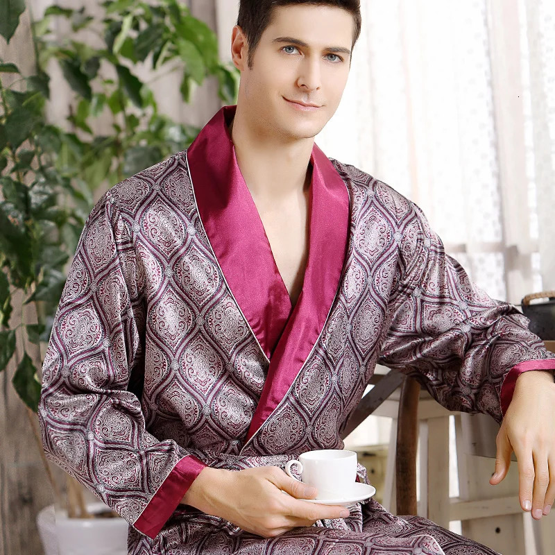 Men Silk long-sleeved Bathrobe Big Size 5XL kimono Home Bath Gown Male Printed Geometric Robes V-neck Satin Sleepwear Nightgown 260805