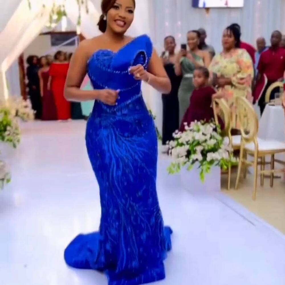 Royal Blue Aso Ebi Mermaid Prom Evening Dress Beaded Sheer Neck Sequined Birthday Formal Women Pageant Party Gowns Long Dinner Dresses ZJ sunny