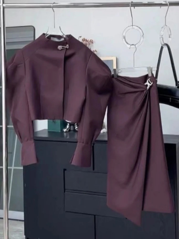 y Two-Piece Set Women Skirt Sets Outfit Autumn Office Ladies Dress Suit Purple Long-Sleeve Coat Long Skirt Trendy 260805