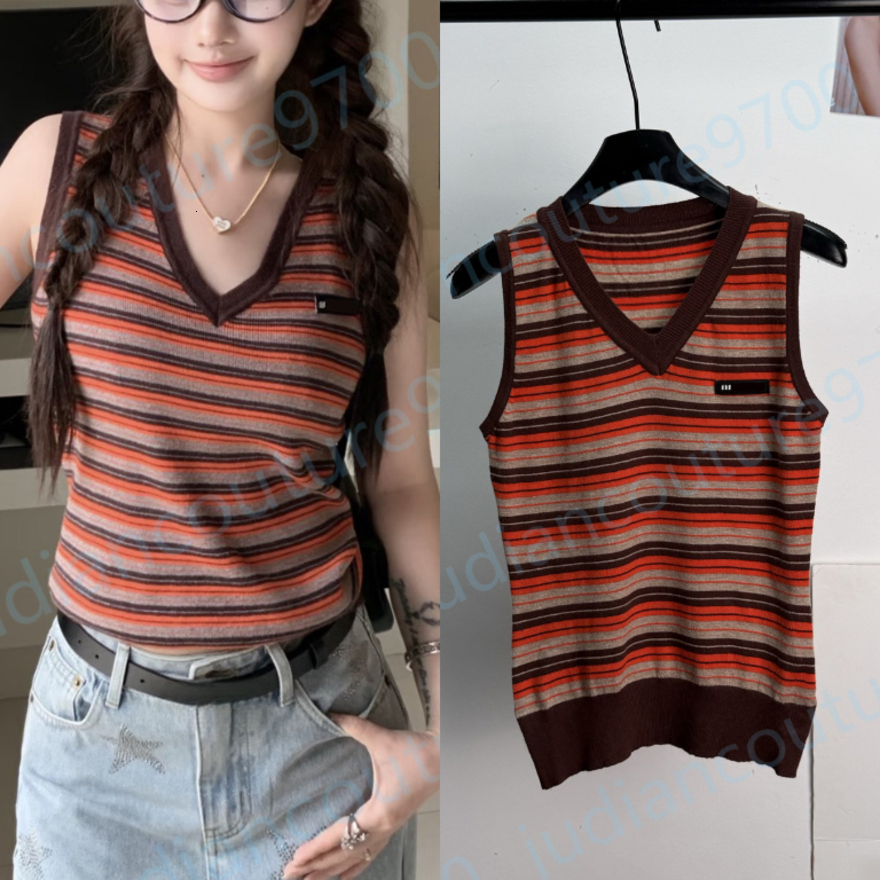 mius Top V Neck Women Retro Striped Knit Tank Sleeveless Slim Fit Brand Logo Patch Cami Vest Casual Daily Summer Fashion Crop Knitwear Sweater Women