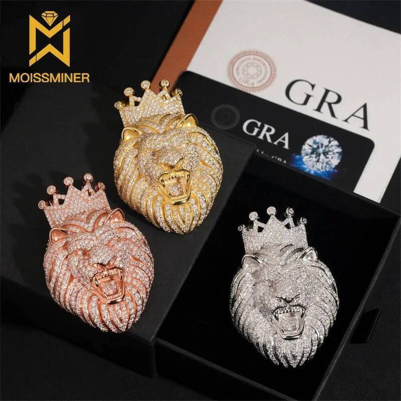 Moissminer VVS Moissanite Crown Lion Pendant Necklaces For Men Women Pass Tester S925 Silver Chain Hip Hop Jewelry GRA Free Ship