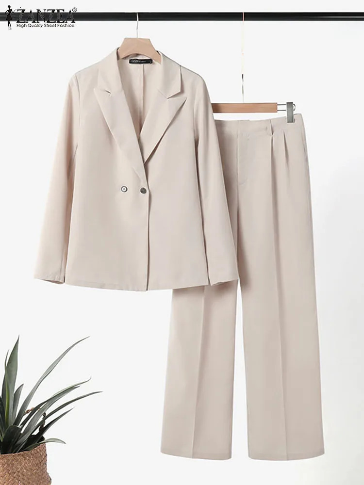 ZANZEA Korean Fashion Blazer Tops 2pcs Suits Autumn Solid Color Women Elegant Pant Sets Trousers Commute Blazer Suits 260805