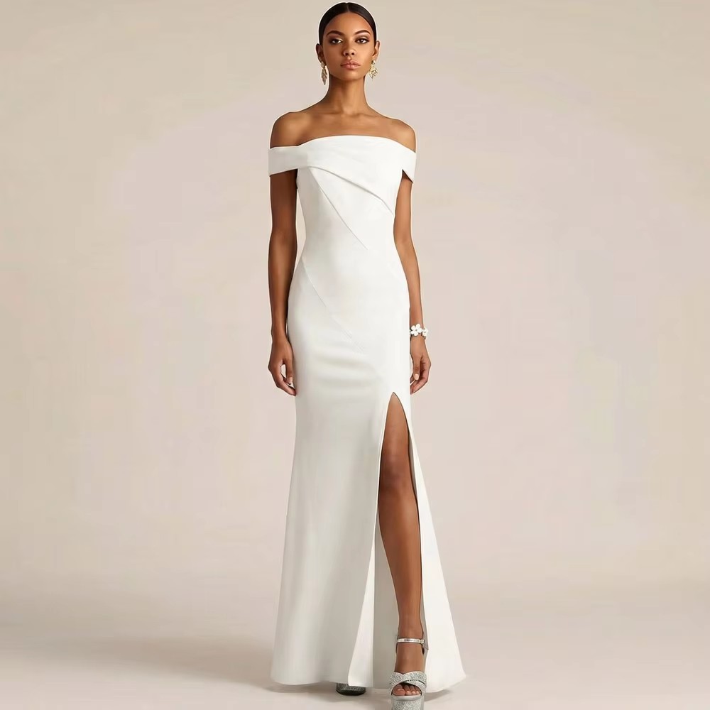 Elegat White Evening Formal Dress Off Shoulder Split Silde Long Mermaid Soft Satin Prom Pageant Party Gowns Celebrity Robe De Soiree