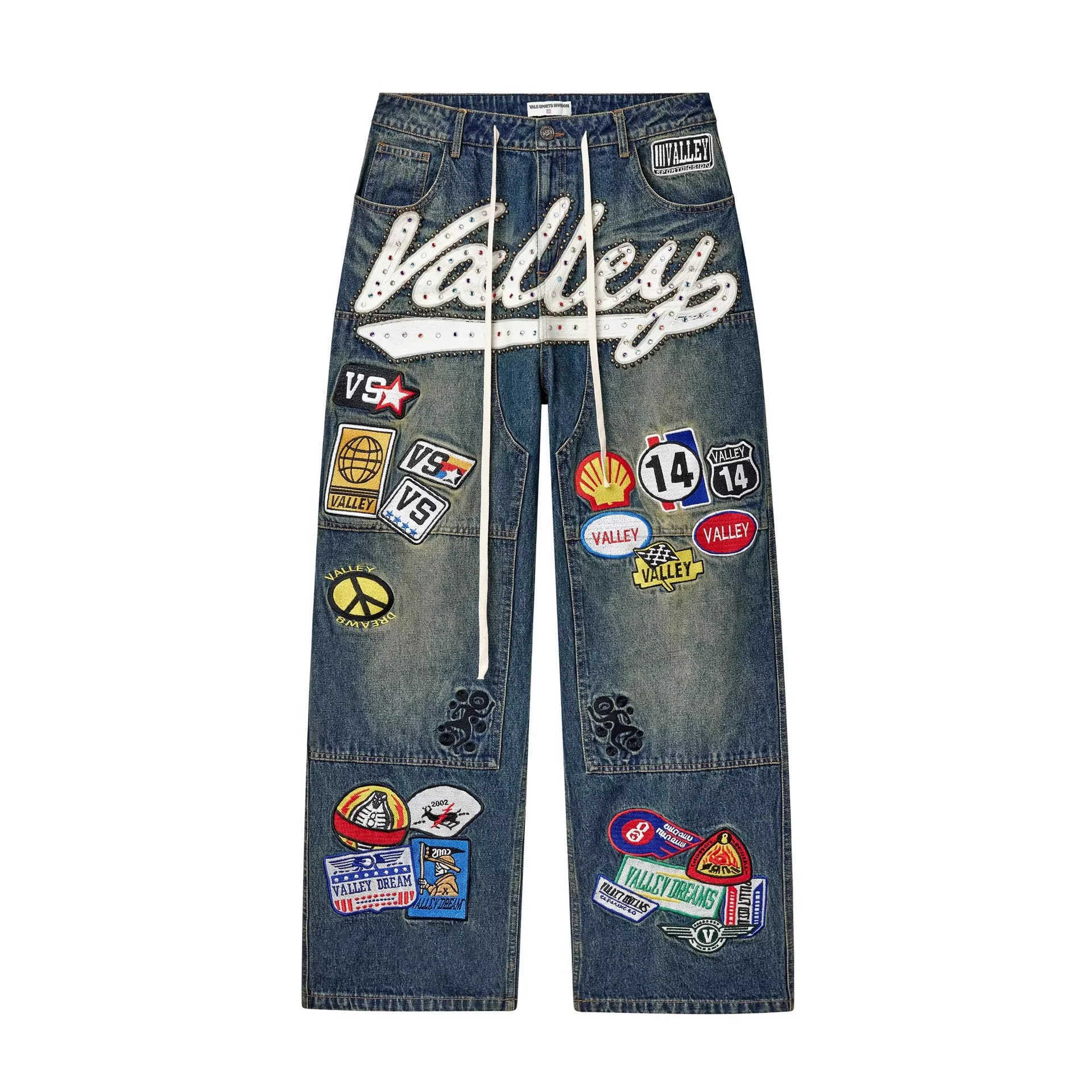 Patchwork beaded denim jeans for men drawstring loose denim pants for men S260804FOK1