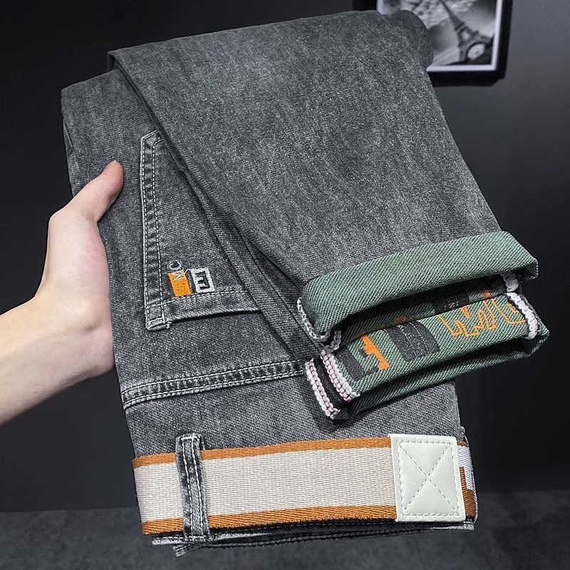 High end men's jeans for spring and autumn versatile trendy elastic small straight tube cigarette ash printed long pants washed with water S260