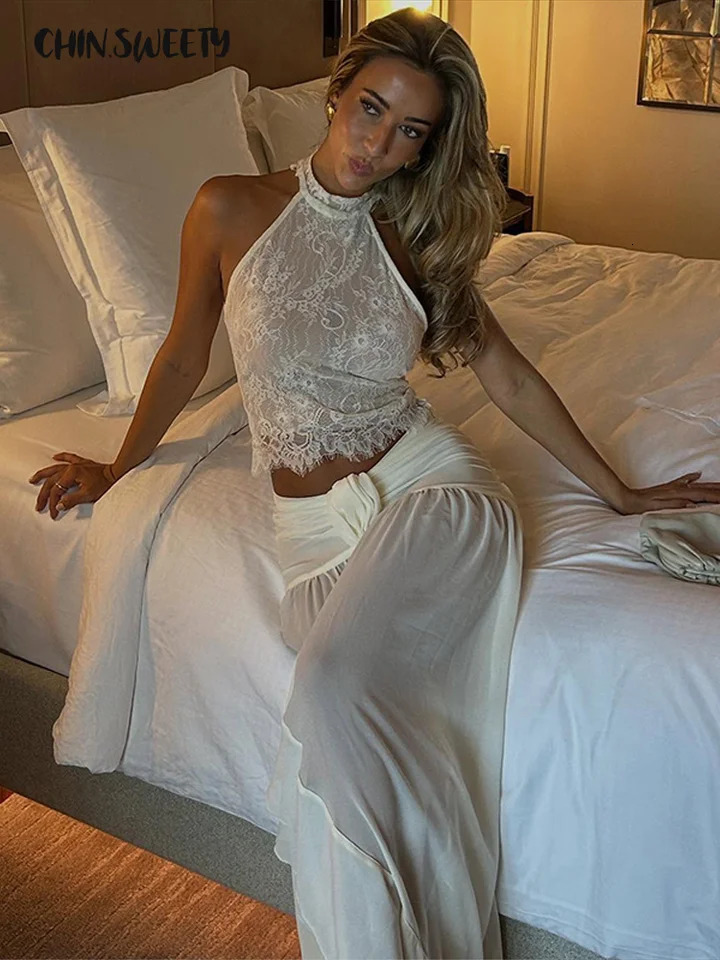 Sexy Lace Patchwork Women'S Top Skirts Suit Sleeveless Halter Pleated Long Skirt Lady Set 2026 Summer Autumn Holiday Female Robe 260805