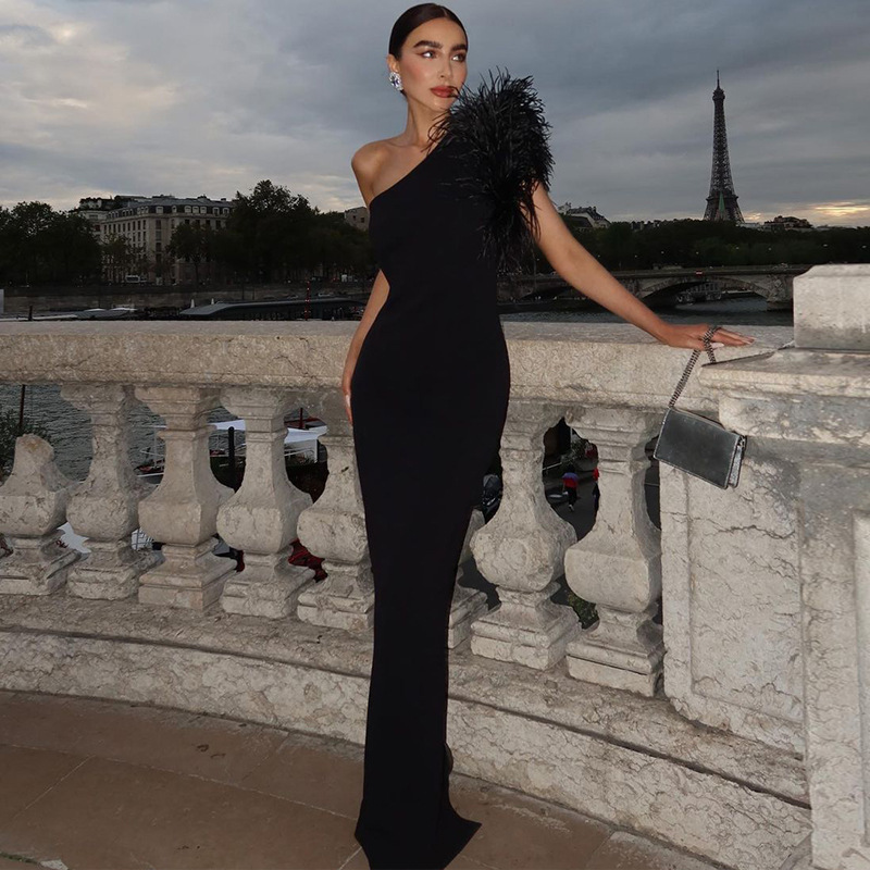 Amazon New Elegant Solid Color Off-Shoulder Patchwork Feather Slim Fit Long Evening Dress for Women