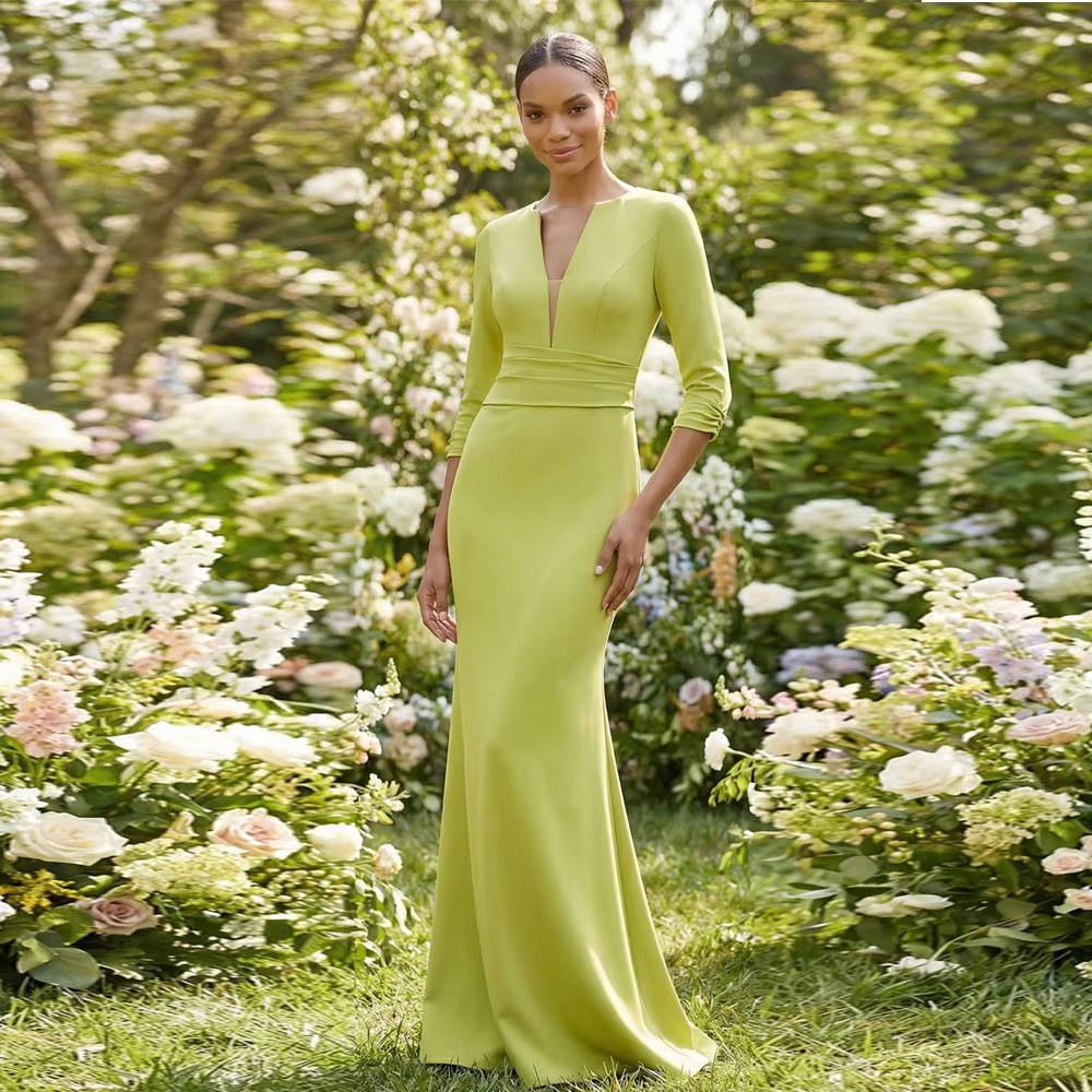 Sexy Lemon Evening Formal Dress V Neck Pleated 3/4 Sleeves Mermaid Floor Length Satin Prom Pageant Party Gowns Celebrity Robe De Soiree