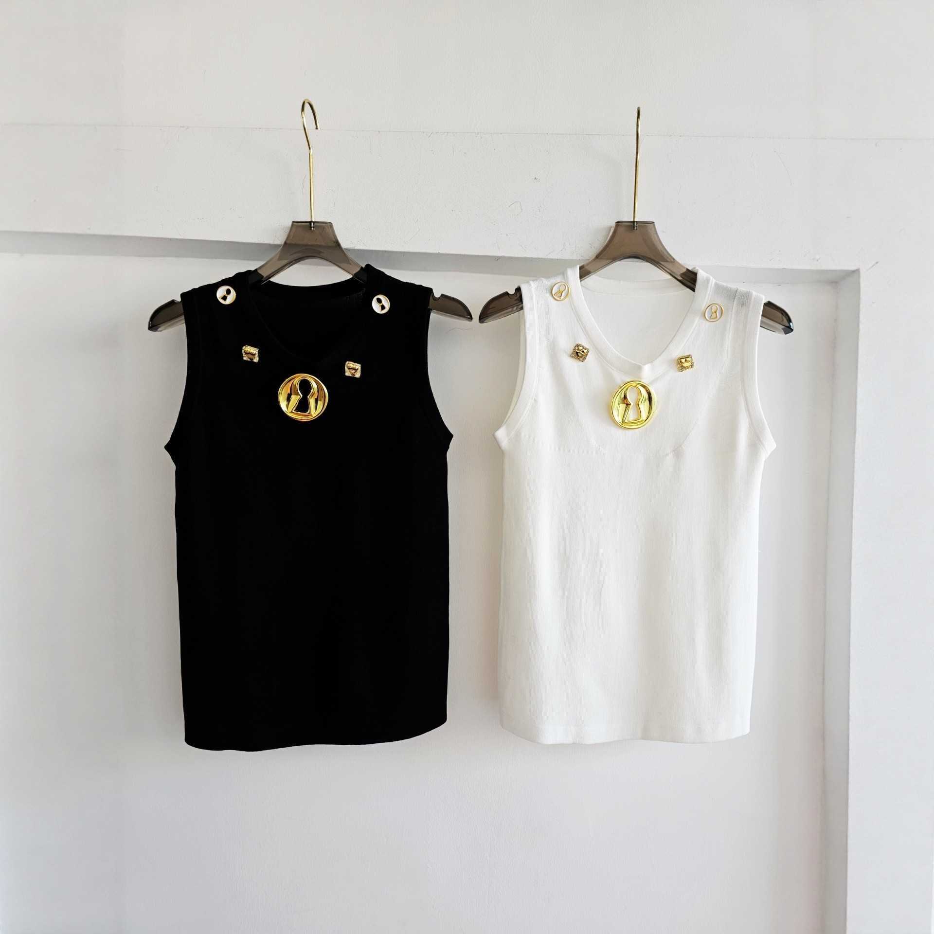 luxury designer knit tank top women fashion sleeveless pullover black white casual metal buttons basic shirts