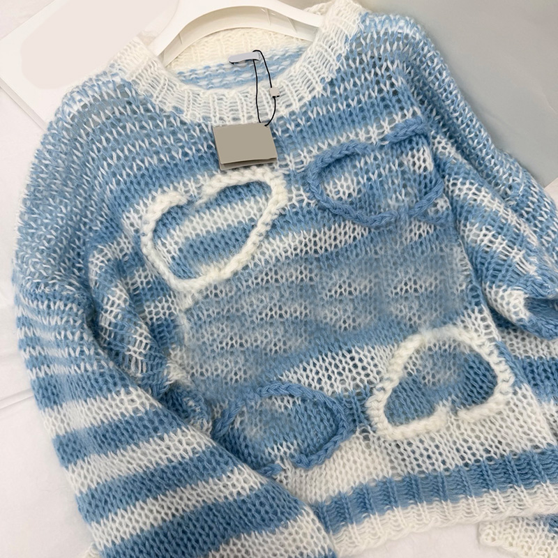 Women Elegant Embroidery Knit Sweater Hollow Loose Pullover Preppy V Neck Knitted Cardigans for Women
