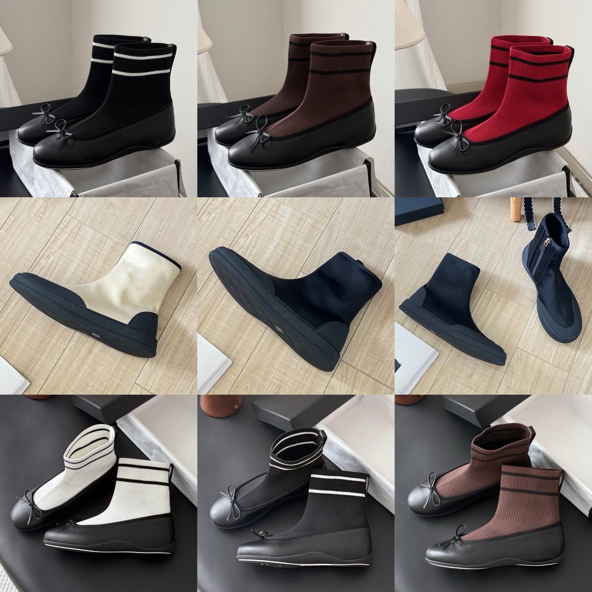 2026 Women Ankle Boots Top Brand Designer Bottes Square Toe Fashion Black White Chocolate Red Beige Sock Shoes Lady Flat Leather Winter Warm Casual