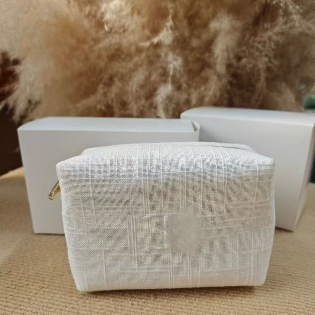 New Cotton and Linen Cosmetic Bag Simple Stylish Gold Zipper Storage Bag