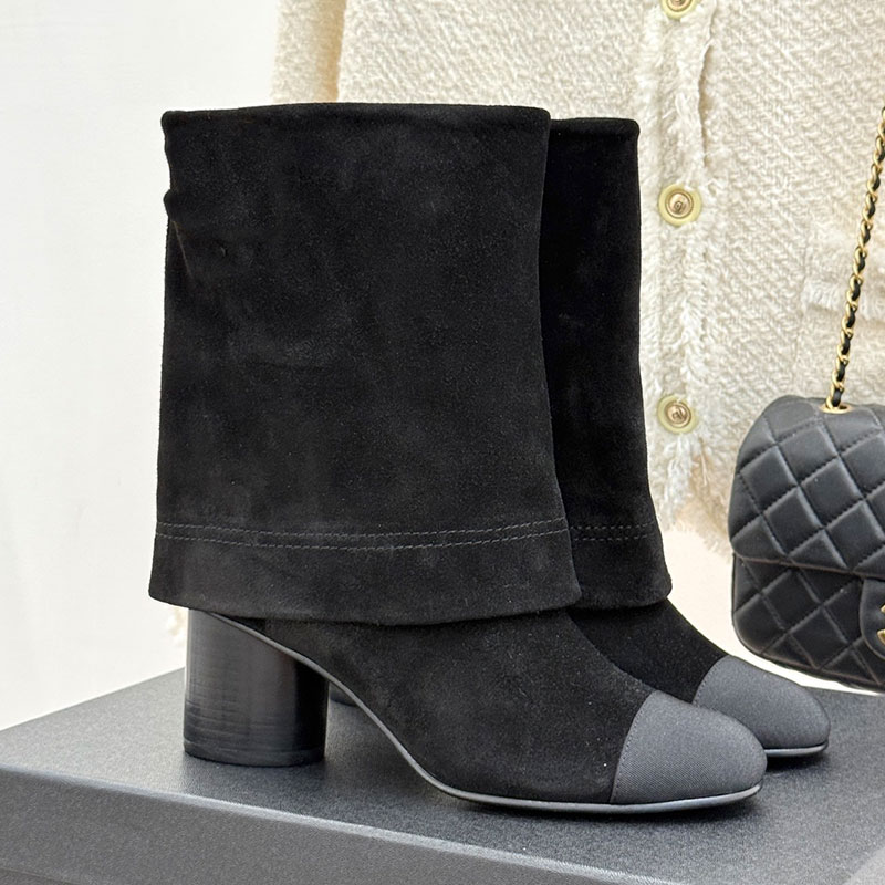 Designer Metal Chain Ankle Boots Womens Suede High Heeled Round Toe Motorcycle boots Ladie Fashion Show CC Color Blocked Pants Boot Leather Outsole