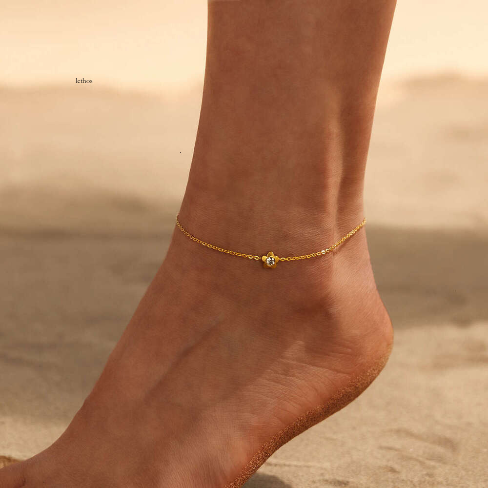 Hip Hop Style Anklet for Women 925 Sterling Silver 14K Gold Ins Niche Design Moissanite Flower Personality Simple Titanium Steel Foot Jewelry