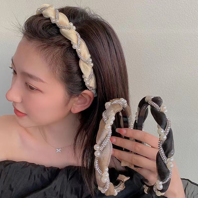 Buy 1 Get 1 Free Spring Summer New Pearl Inlaid Diamond Braided for Women Korean Accessories Elegant Sweet Face Washing Headband Internet Celebrity