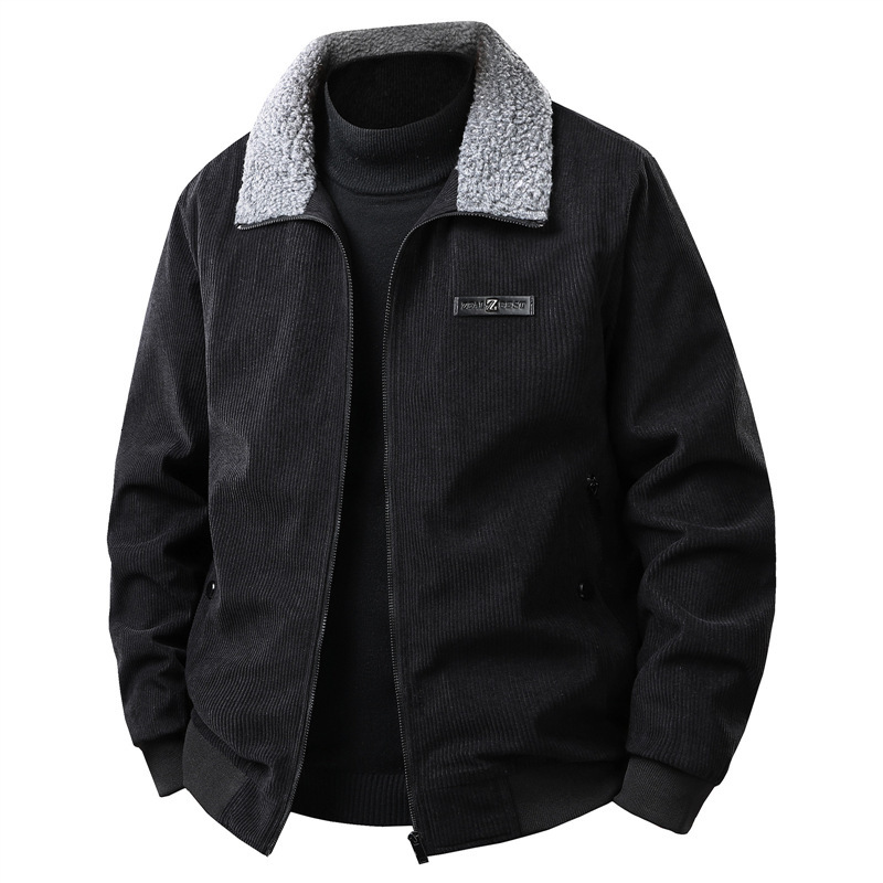 Men's Fleece-Lined Corduroy Jacket, England-Style Thick Winter Coat with Lamb Wool Insulation, Solid Black Outerwear, Stand Collar, Double-Breasted