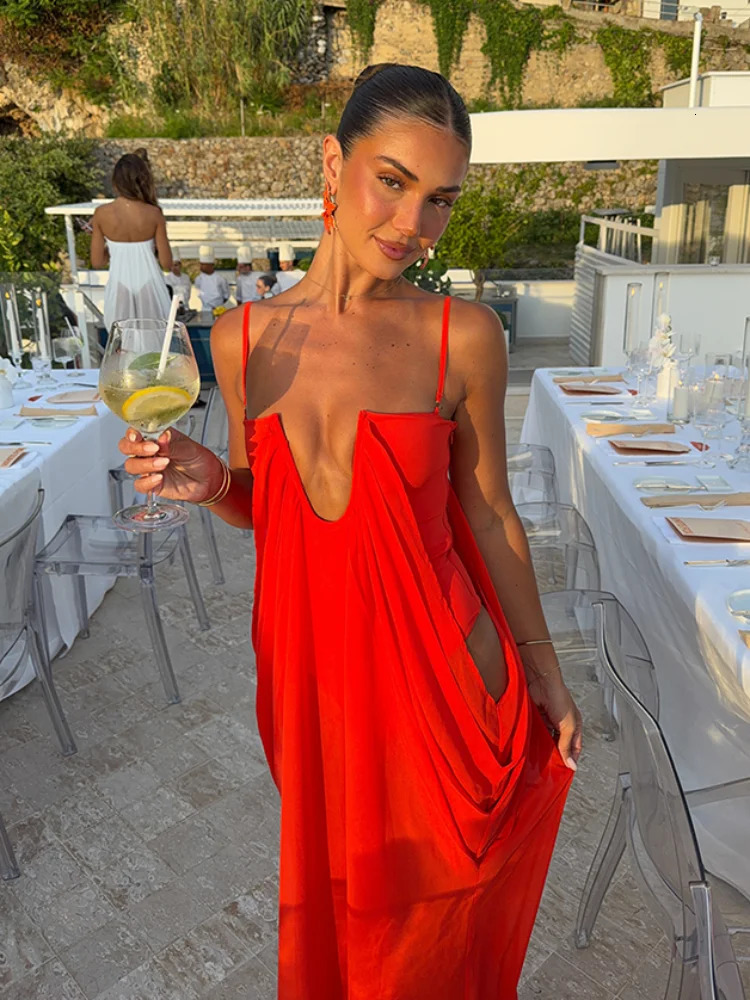 Vibrant Holiday Flowy Maxi Dress Deep U Chic Bohemian Chiffon Loose Fit Women Dresses Beach Vacation Summer Party Outfit 260805