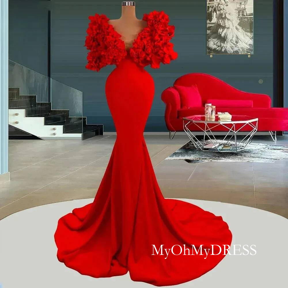 Elegant African Mermaid Prom Dresses Deep V Neck Ruffles Capped Red Satin Long Evening Gowns Sweep Train Women Special Occasion Wear Y84