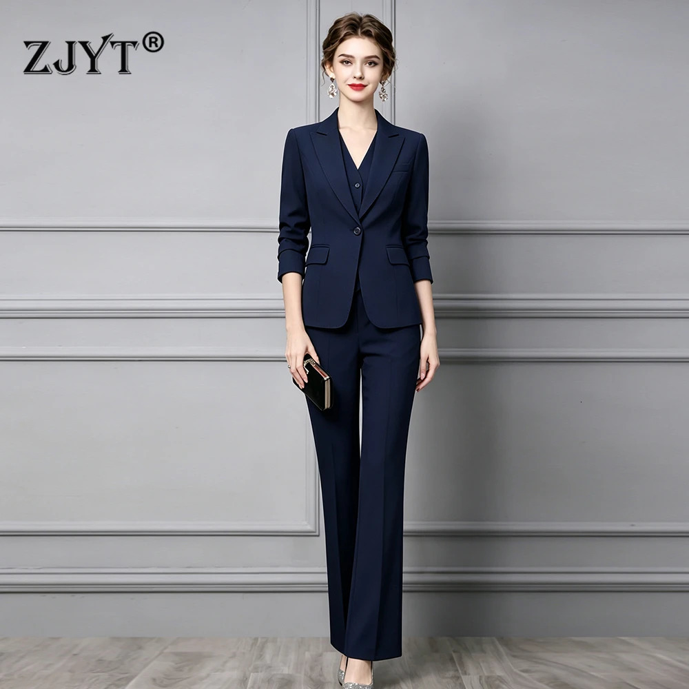 ZJYT Office Lady Work Blazer Trousers Suits for Women Autumn Business Chic and Pants Sets 2 Pieces Outfit Pink 260730