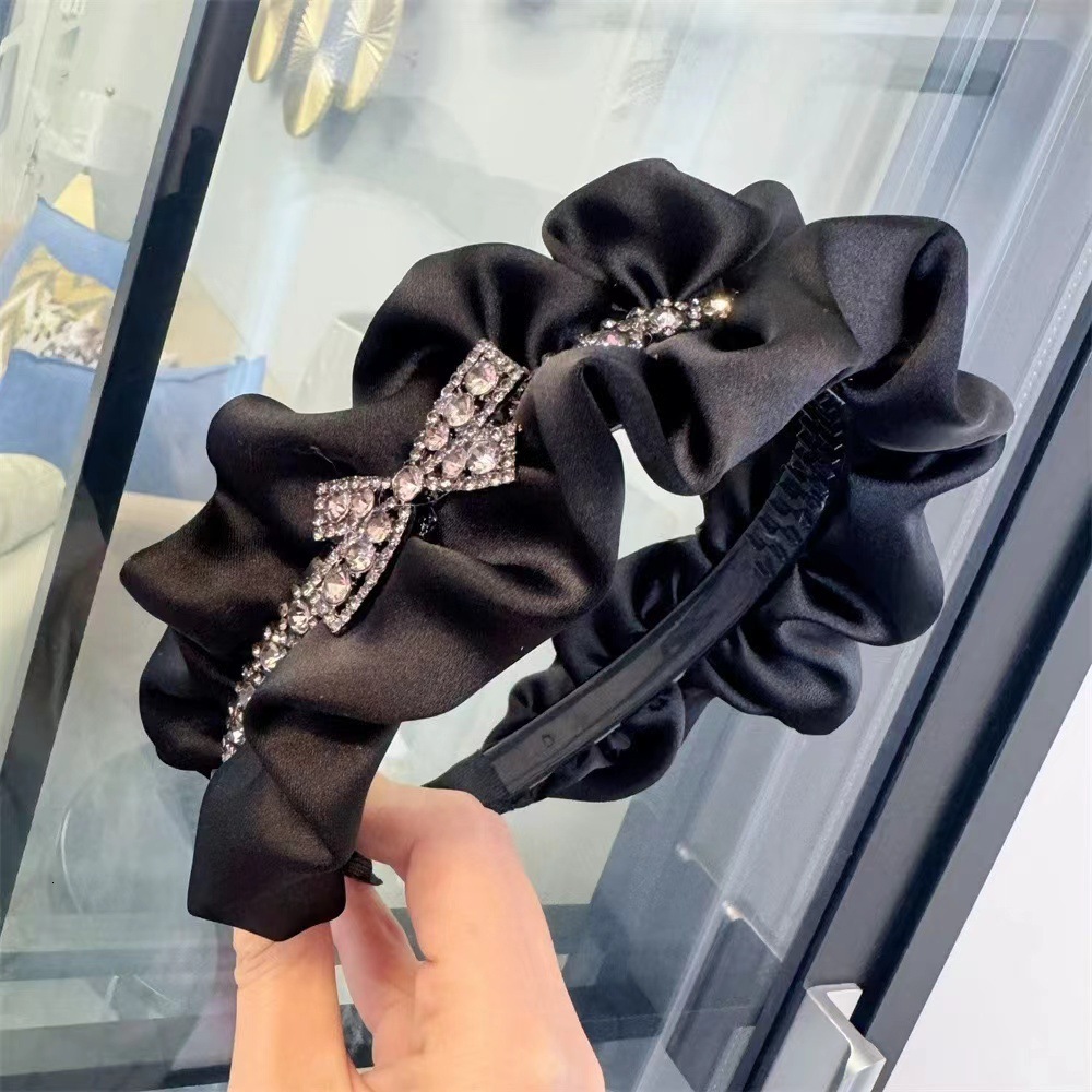Buy one get one free 2026 Spring/Summer New Korean Style Lace Bowknot Rhinestone Headband, Wide Black Pleated Slimming Hair Accessory for Women