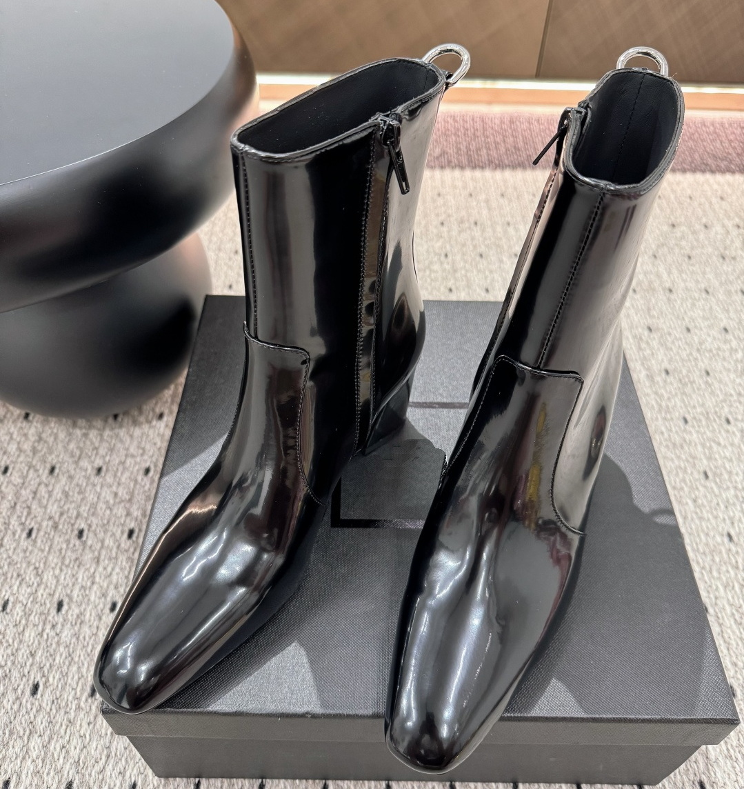 Designer Womens Dress Shoes Luxurys New Elegant Cow Patent Leather Square-Toes Thin Heels Short Botas Mujer Top Quality Solid Sewing Zipper Boots