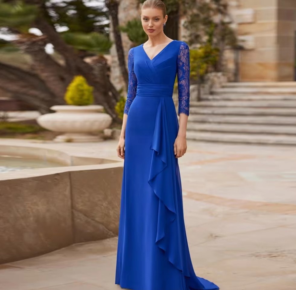 Royal Blue Mother of The Bride Dresses Customzied Lace 3/4 Sleeves V Neck Pleated Chiffon Floor Length Wedding Guest Party Gowns