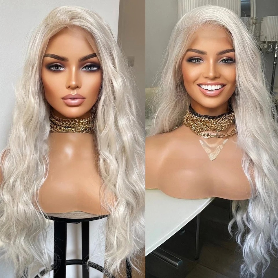 Platinum Blonde HD 13x4 Lace Front Wigs for Women Long Loose Wave Synthetic Hair Wig Natural Hairline Preplucked Layered Middle Part Wig Glueless Da