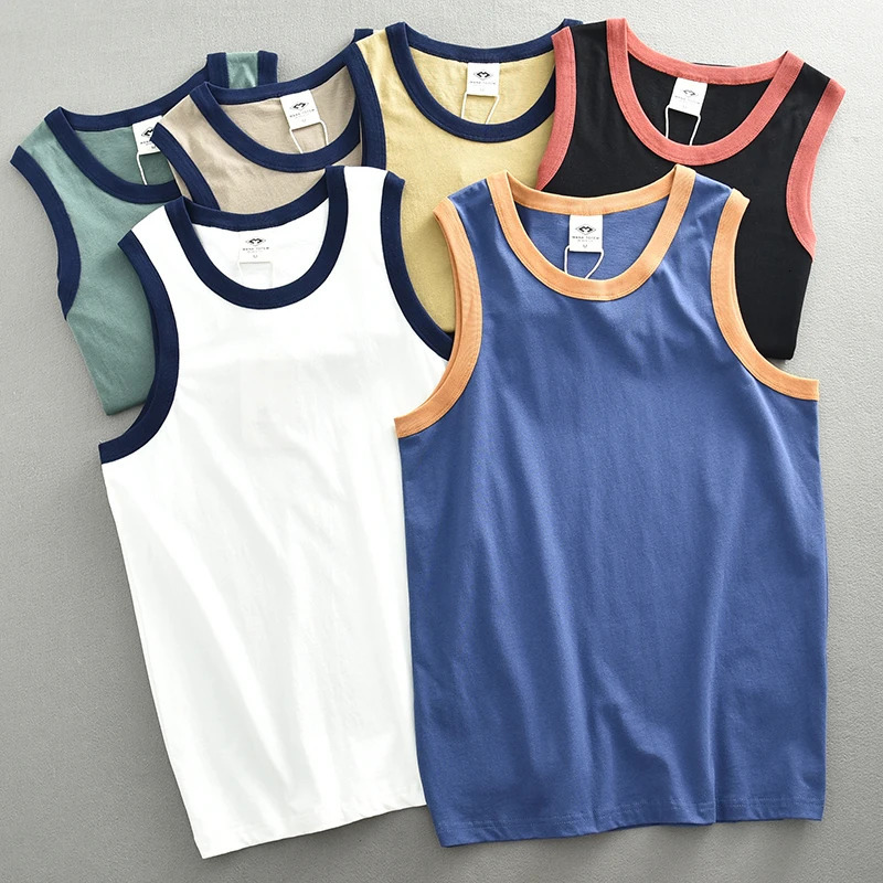 Summer American Sleeveless O-neck Solid Color T-shirt Men's Fashion 100% Cotton Washed Casual Sports Fitness Vest 260805