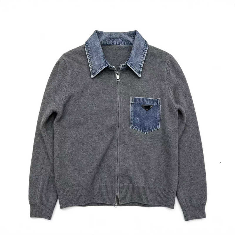 Women's Jackets Designer Denim Patchwork Turn-down Collar Knitted Cardigan Autumn Style Faux Two-piece Zippered Slimming Versatile Casual Sweat