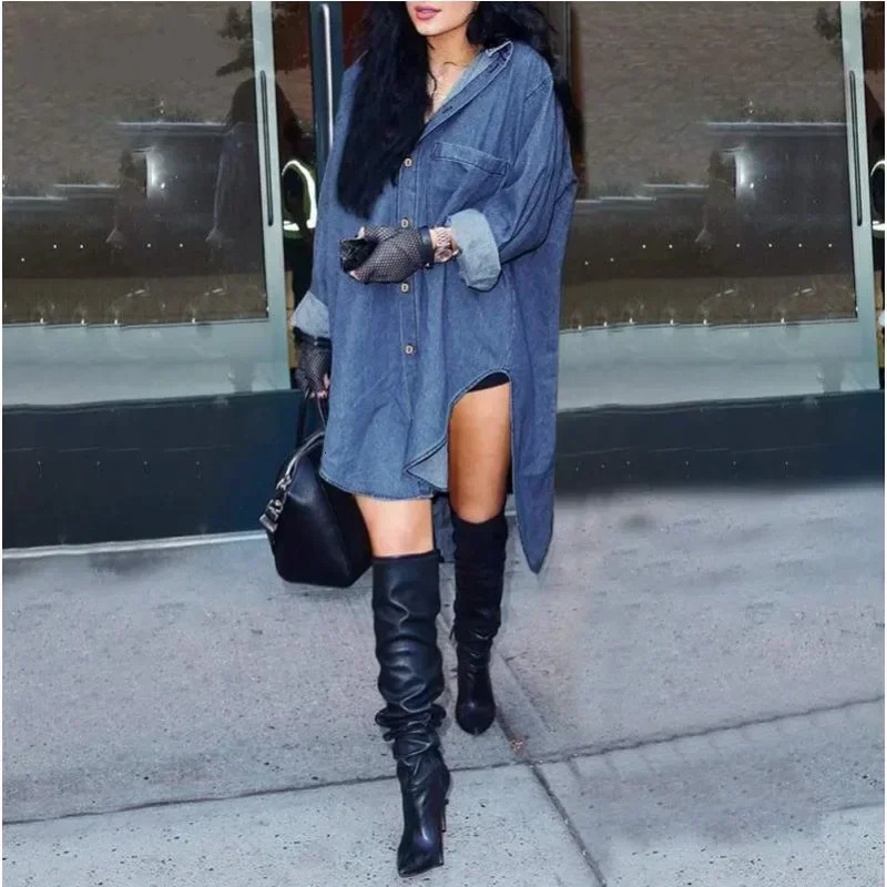 Womens S5XL long sleeved denim irregular side shirt top coat loose n comfortable and casual jacket women 260730