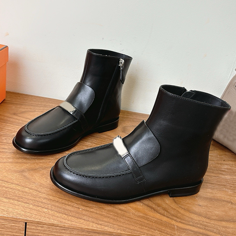 Designer Polished Black Leather Feminine Flat Ankle Boots Rounded Toe Low Heel Short Booties Decorative Silver Tone Metal Buckle Strap Casual Dai
