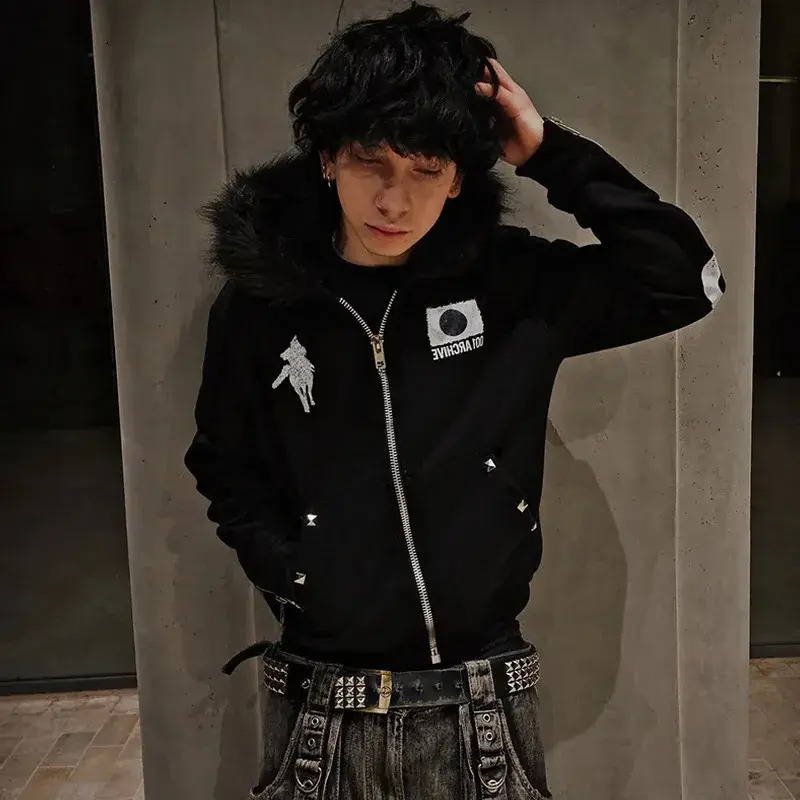 Harajuku Y2K retro aesthetic unisex hoodie casual zipper cardigan print fur collar sweatshirt rock punk hip hop goth streetwear 251213