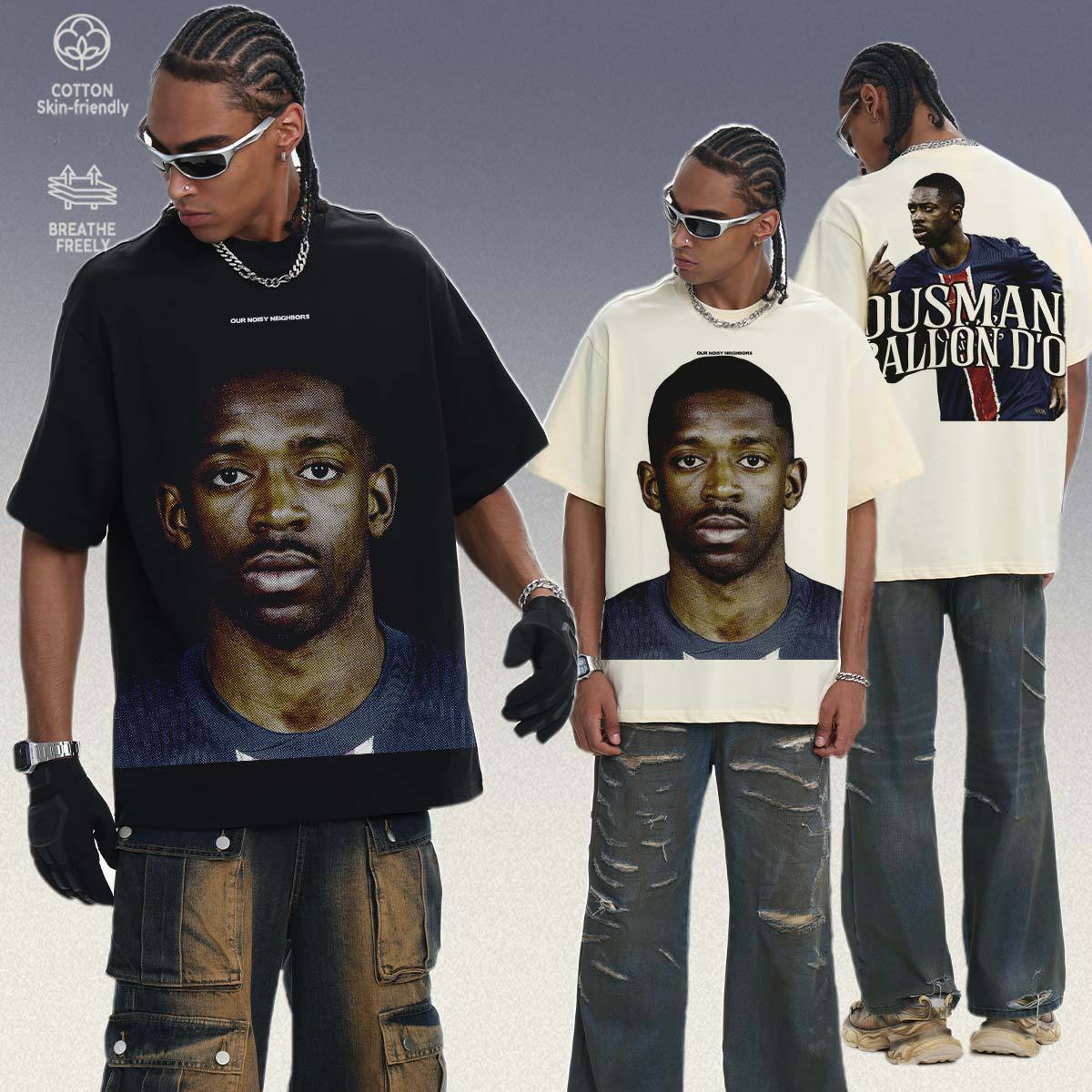 2026 washed T-Shirt Spring/Summer Ousmane Dembele American Retro Digital Print Heavyweight Round Neck Drop Shoulder Short Sleeve Men's T-Shirt