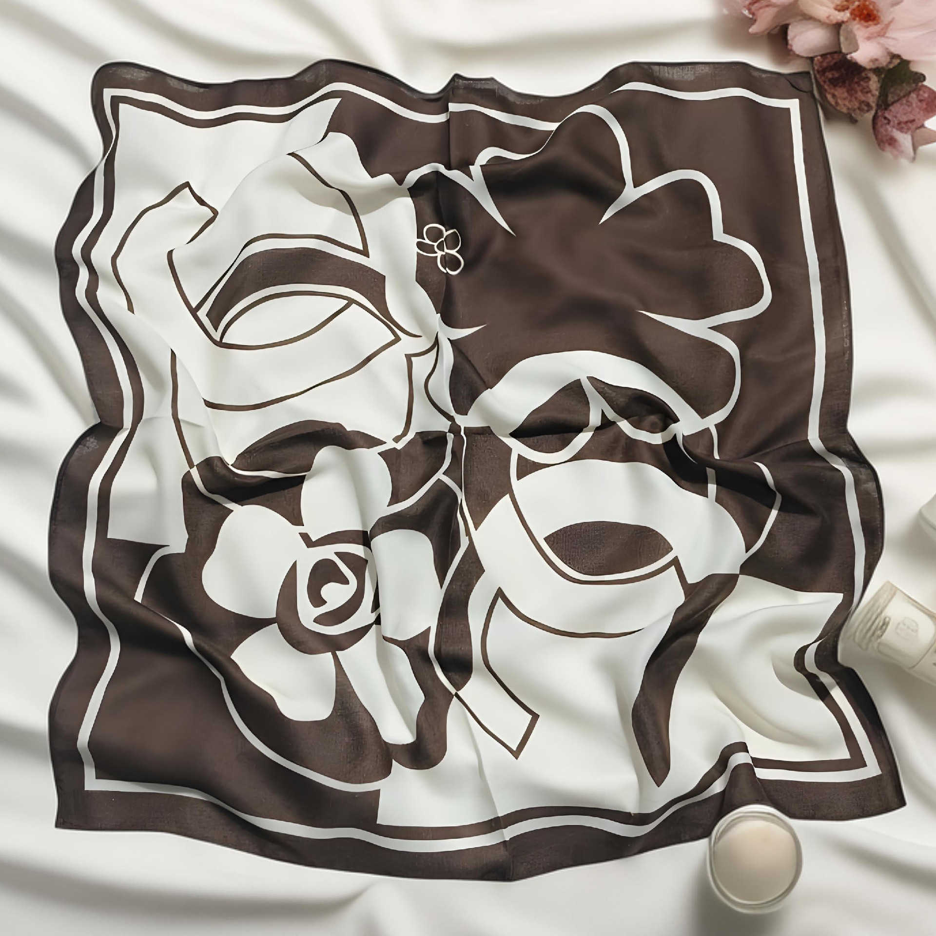 Spring and autumn warm and elegant coffee-colored cotton-linen high-end 70cm silk and wool decorative scarf for women thin velvet square scarf L2608